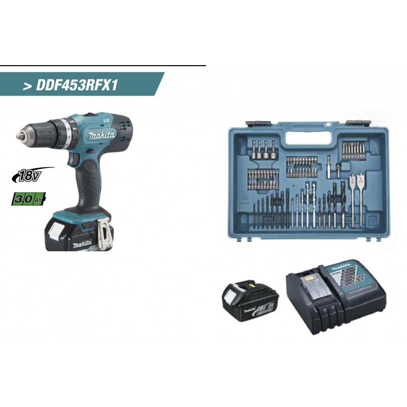 Taladro atornillador Makita 18V Litio-ion + kit accesorios 74 piezas  DDF453RFX1