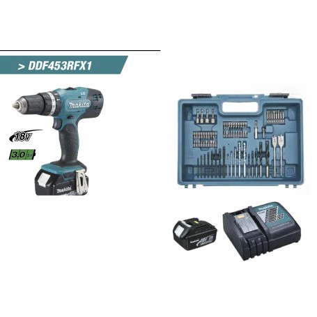 Taladro atornillador Makita 18V Litio-ion + kit accesorios 74 piezas DDF453RFX1